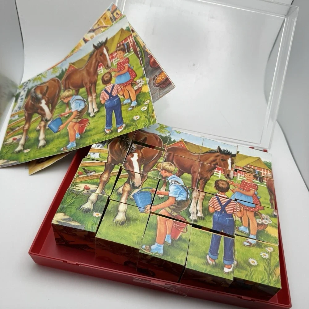 Vtg 20 Cube Puzzle Block Set 4 Sided West Germany ~ Cat Horse Cow Children Dogs